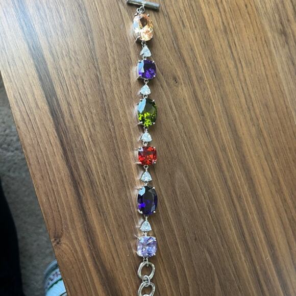 SOLD Estate Designer Colorful Silver Tone and Gemstone Costume Bracelet CHUNKY - Picture 2 of 9